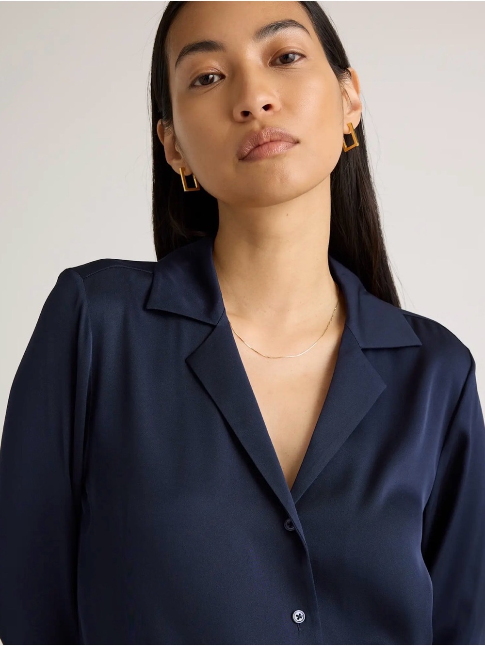 NWT Quince Washable Stretch Silk Notch Collar Blouse Navy S